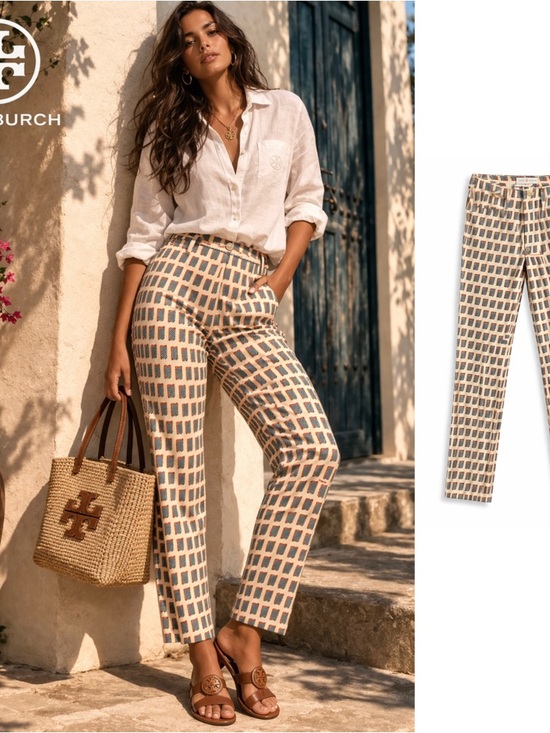 Tory Burch Pants - NEW Tory Burch Beige and Navy Geometric Straight-Leg Pants